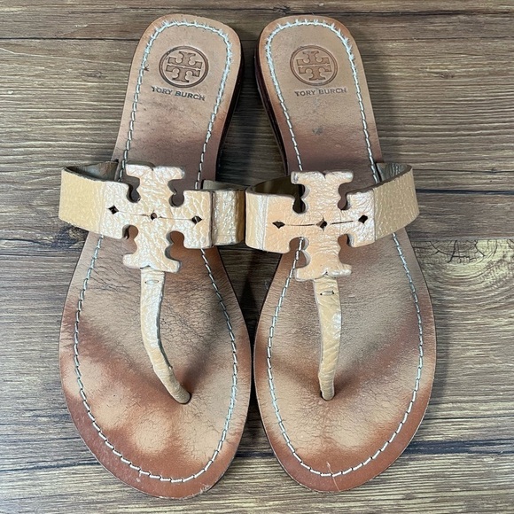 Tory Burch Moore Tan Leather Flip Flops Sandals Women’s Size 7.5 Shoes Slip-On - Picture 1 of 8